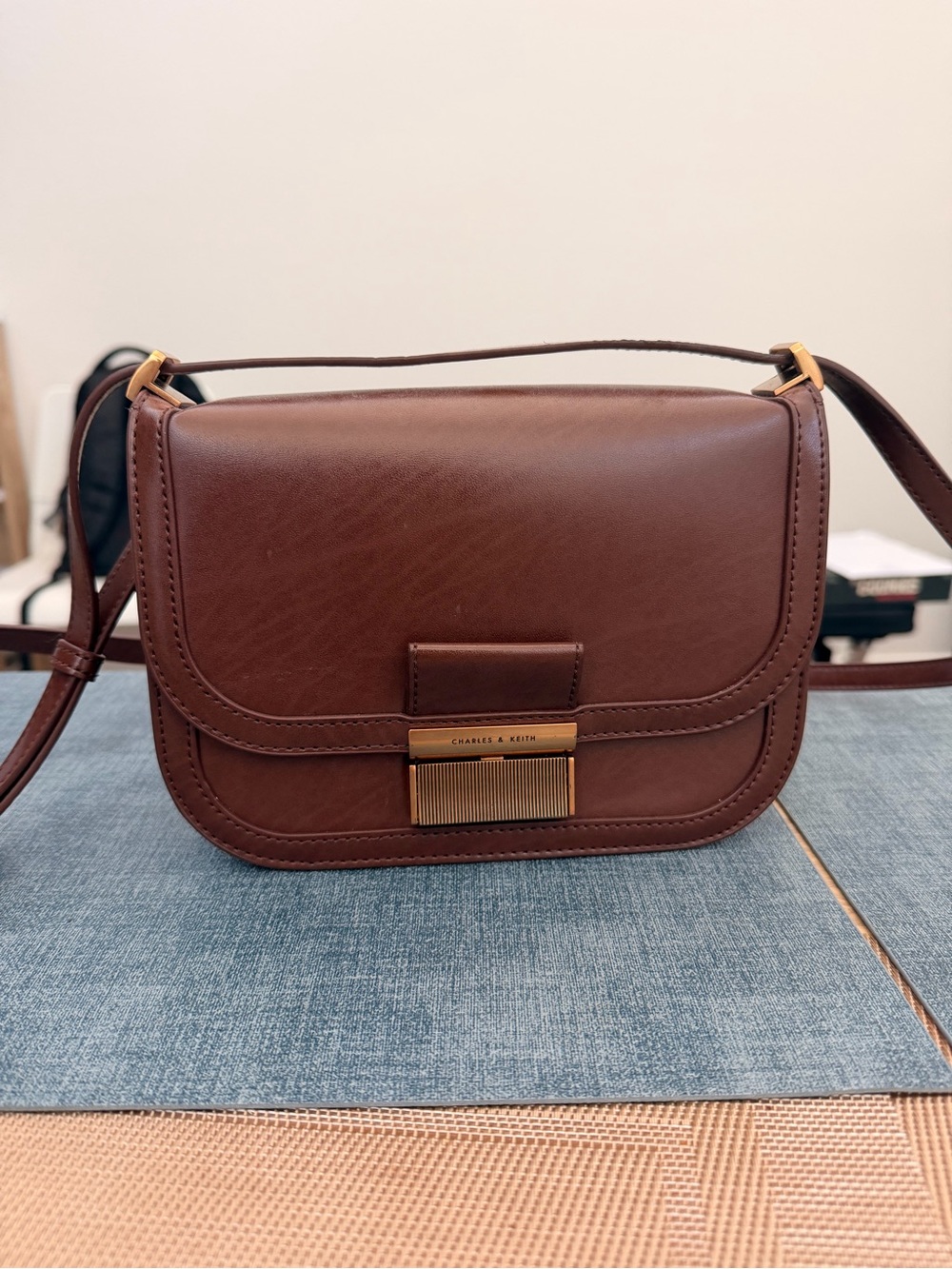 Charles & Keith Chestnut Brown Structured Leather Crossbody